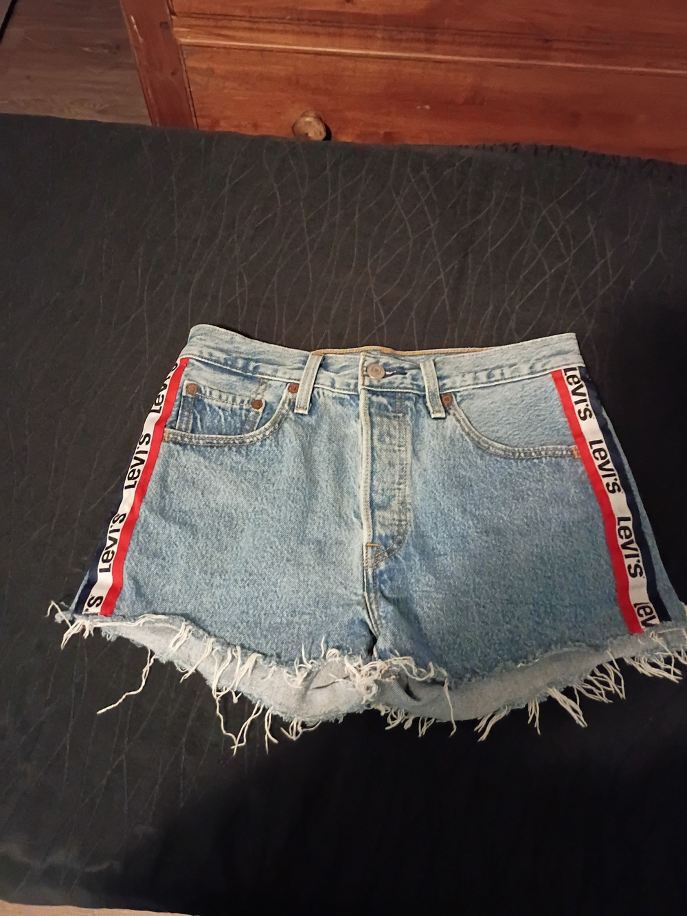 Levi's Light Blue Denim Cutoff Shorts with Red Side Logo Tape